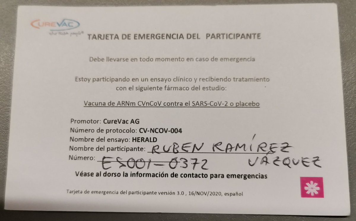 Hablando de vacunas💉 hoy me han puesto la segunda dosis de <a href="/CureVacRNA/">CureVac</a> como parte del ensayo de fase 3 en el que participo como voluntario. Ojalá pronto la tengamos en producción... 🏭
