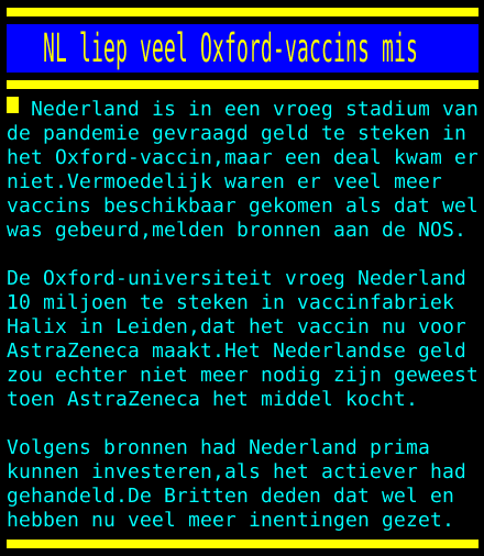 Teletekst's tweet image. NL liep veel Oxford-vaccins mis
