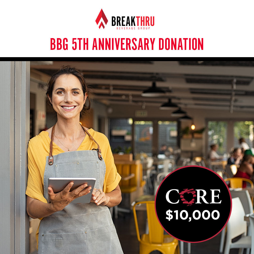 BreakthruBev's tweet photo. For our next charitable contribution to celebrate our fifth anniversary, we’re giving back to those who serve us by donating to @coregives. Thank you, CORE, for all you do for our industry and we’re honored to help your cause. #BreakthruGivesBack https://t.co/lfvs9oSIEg