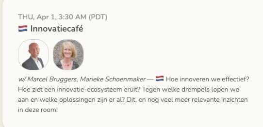 Clubhouse, Innovatiecafe, samen met Marcel Bruggers, donderdag 1-4 om 12.30 uur. Kom je er ook bij?