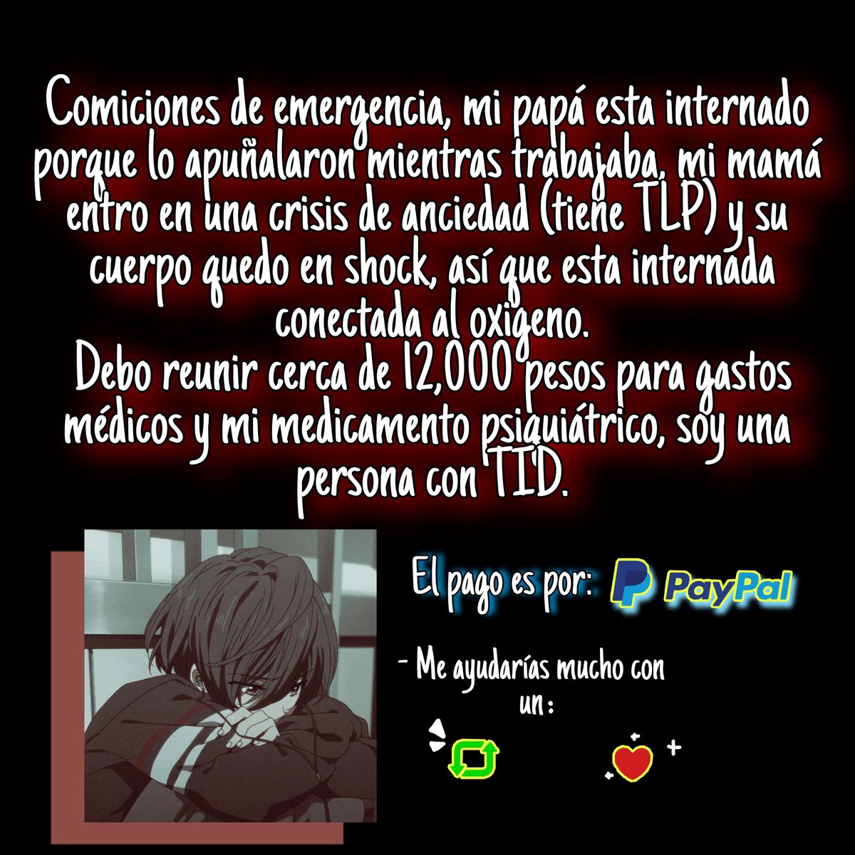 YatoEdward's tweet photo. ⚠️❗COMISIONES DE EMERGENCIA ❗ ⚠️

Por favor lean la imagen para que entiendan mi situación, me apoyarían mucho dando follow y retweet.

Muchas gracias, enserio. https://t.co/zkCNzZh84T