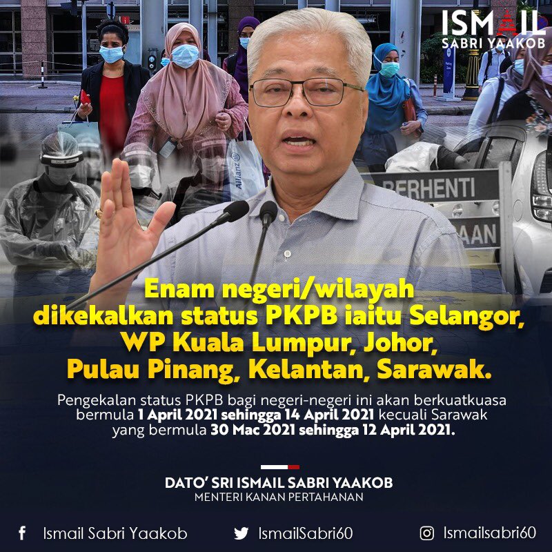 IsmailSabri60's tweet photo. Atas cadangan serta penilaian risiko oleh KKM, Sidang Khas membuat keputusan seperti berikut:

Enam (6) negeri/wilayah dikekalkan status PKPB iaitu Selangor, WP Kuala Lumpur, Johor, Pulau Pinang, Kelantan, dan Sarawak. https://t.co/iQz3mX9P0H