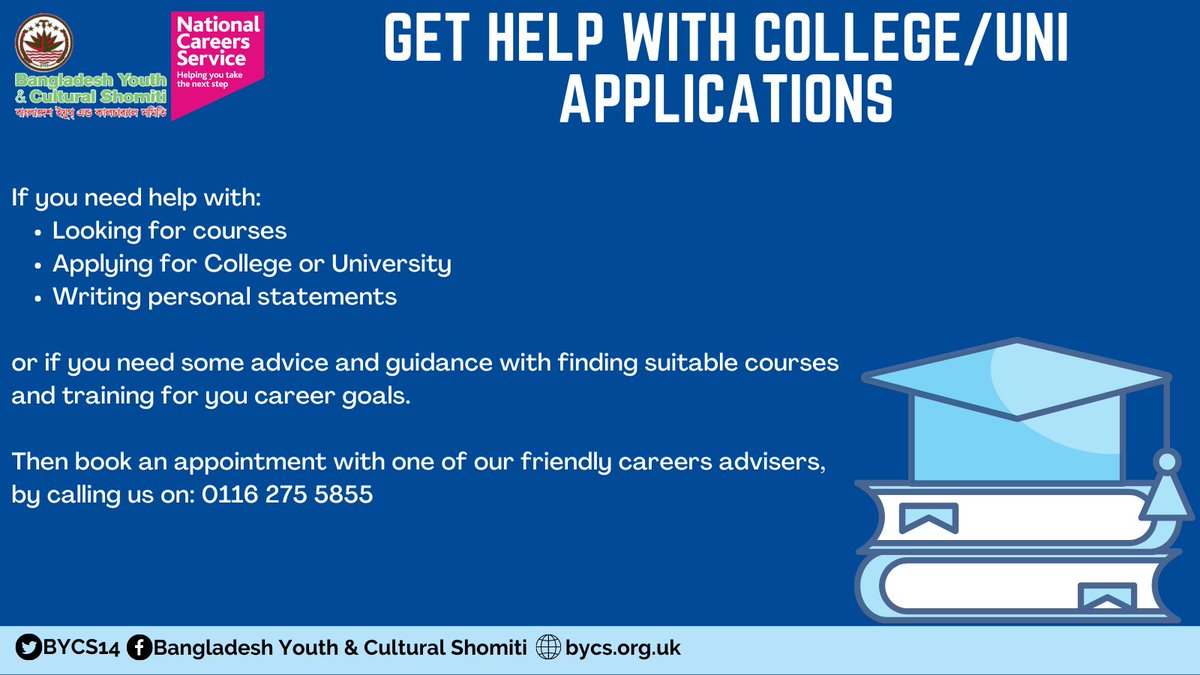 If you need help with:
-Looking for courses
-Applying for College or University
-Writing Personal Statements 

or if you need some advice and guidance, then get in touch by calling us on: 0116 275 5855

#Leicester #College #University #Applications #Advice #Guidance