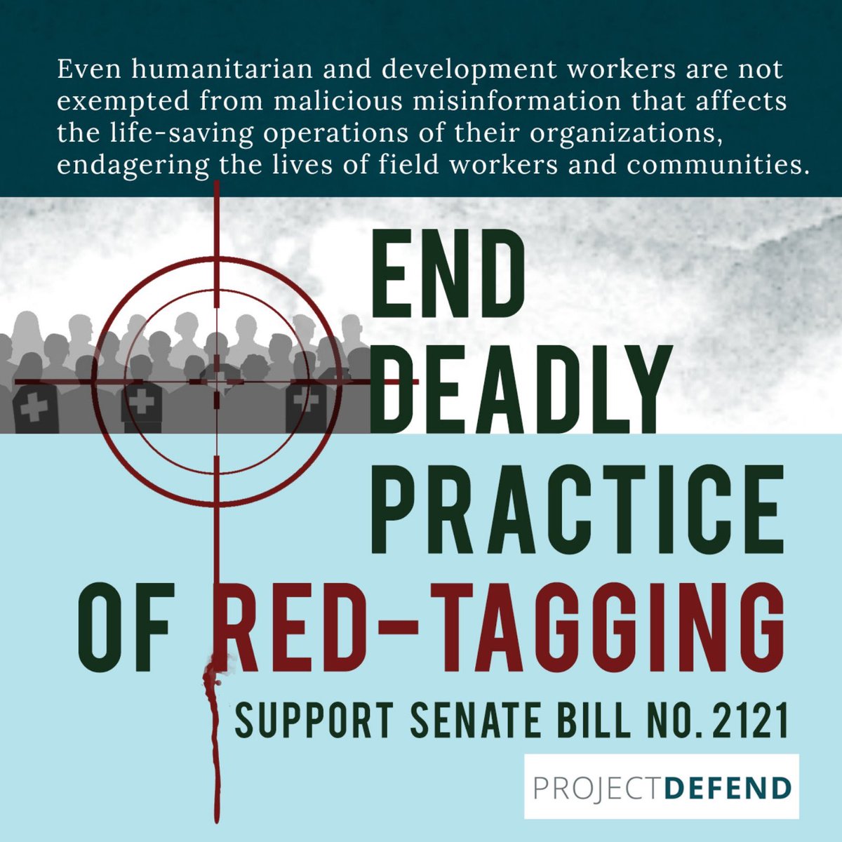 drrnetphils's tweet photo. End the deadly practice of red-tagging and vilification of humanitarian and development workers. Support Senate Bill 2121 or the โAct Defining and Penalizing Red-tagging.โ
#EndRedTagging https://t.co/4SNLt5j6eQ