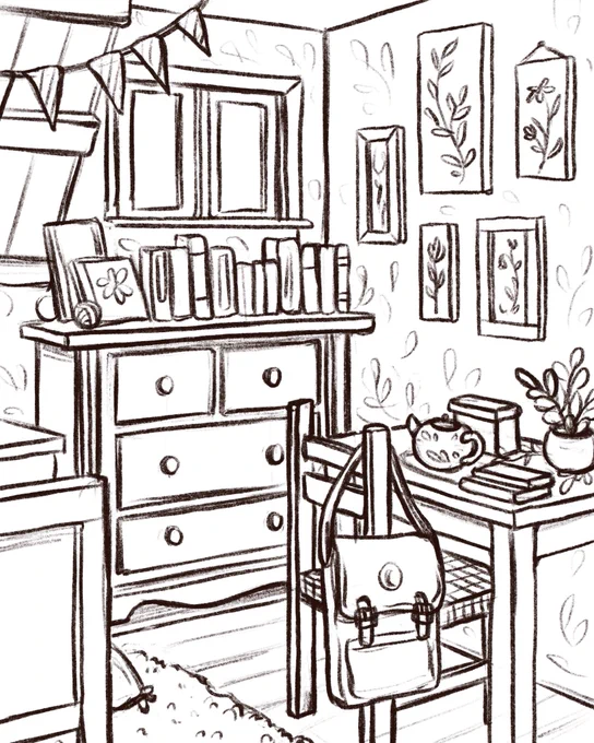 A little bit of perspective practice for ya. Changing a 2 point into a 1 point drawing! 🌿 