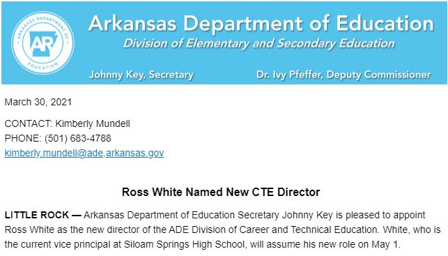 arkansas_acte's tweet photo. Congratulations to our own Ross White for being selected as the new director of the ADE Division of Career and Technical Education!
#CTE #aracte https://t.co/lxXB1WjpVi