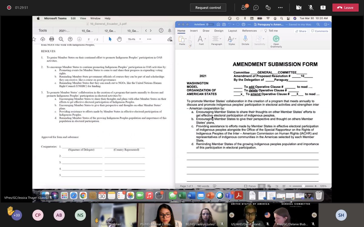 iddawmoas's tweet photo. The General Committee discusses an amendment proposed by 🇵🇾 for the PDR proposed by 🇪🇨  on programs that discuss and promote  participation of indigenous peoples in electoral activities #DiplomacyinAction #FutureDiplomats #2021VirtualWMOAS @CCUChanticleers @HSKoblenz @WMOASUCV https://t.co/tJg8XC2t35