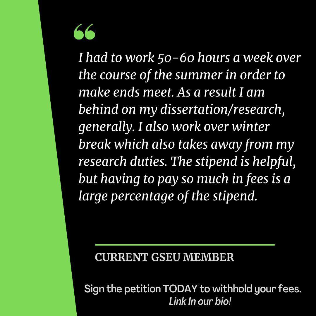 UAlbanyGSEU's tweet photo. Without external support, it's pretty normal to work 50-60 hours every month to pay bills among graduate workers @ualbany @suny. It means we have to sacrifice our research time to graduate and get a job. @MikeChristakis Stop this cycle. Abolish fees! Now! https://t.co/c2hLG9nZpq