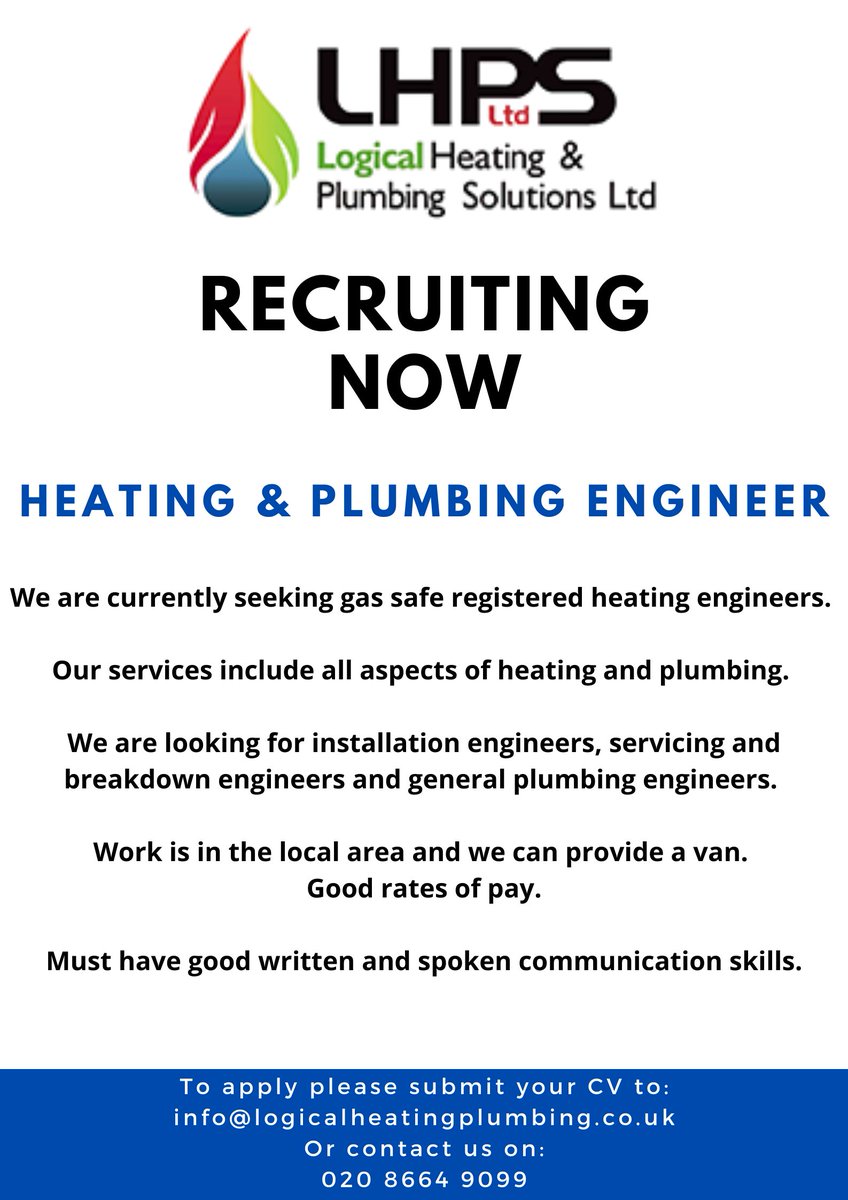 LHPS_Ltd's tweet photo. @LHPS_Ltd are 𝗥𝗘𝗖𝗥𝗨𝗜𝗧𝗜𝗡𝗚 𝗡𝗢𝗪
If interested in this position please submit your CV to info@logicalheatingplumbing.co.uk or call us on 0208 664 9099
Thank you! https://t.co/YjZmw1D2W9
