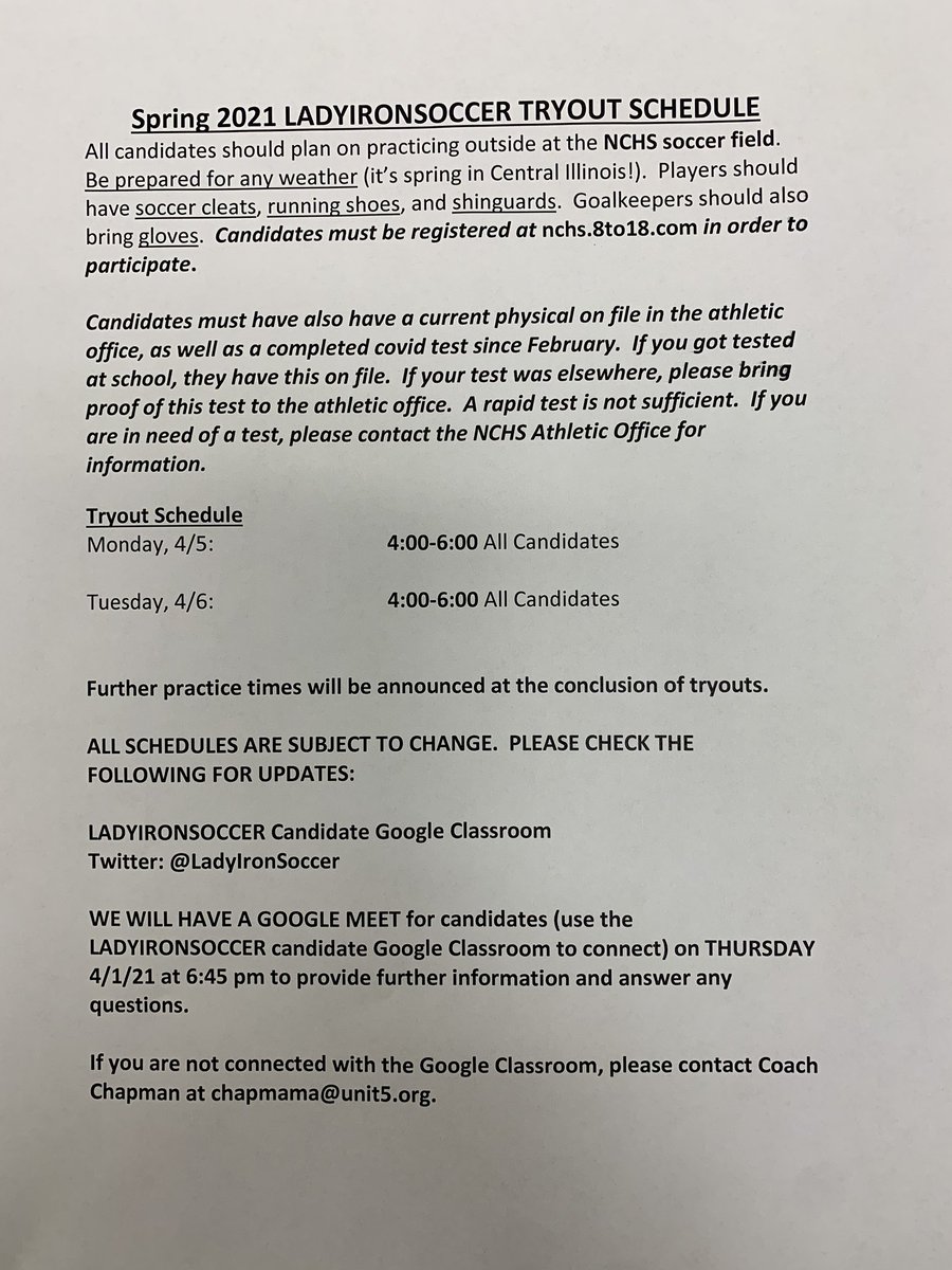 TRYOUT SCHEDULE