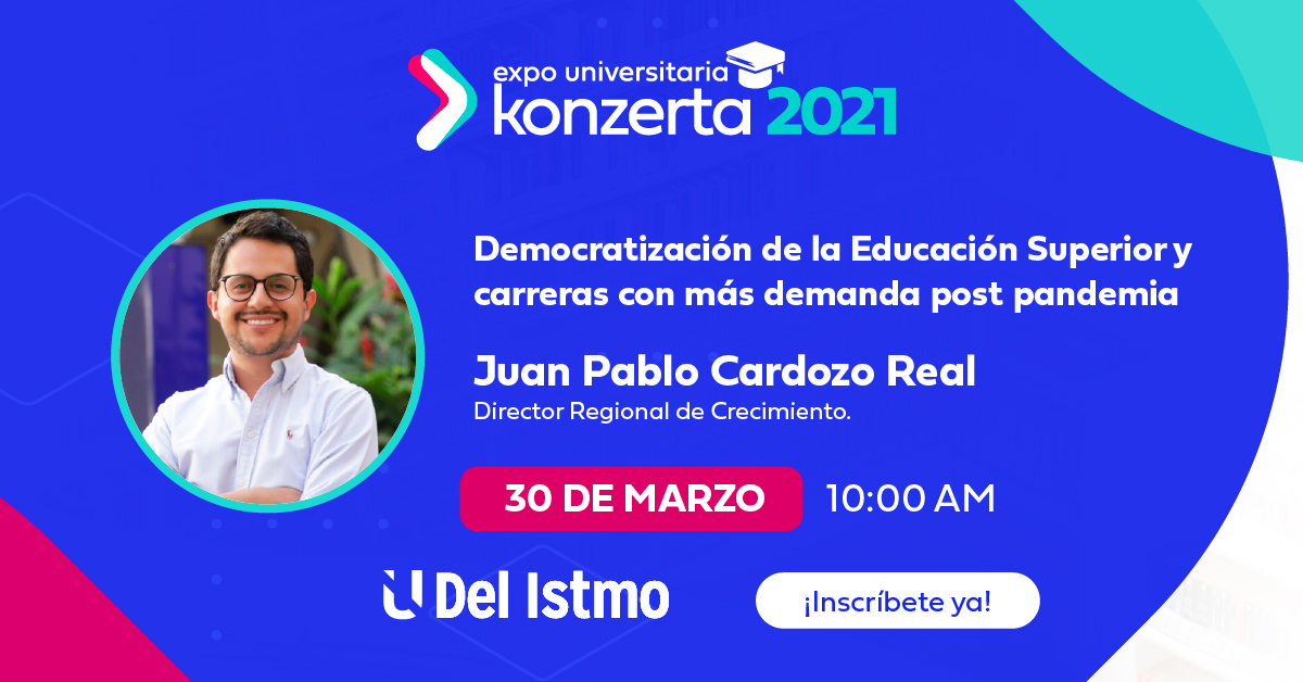 Hoy hablaremos de la "Democratización de la Educación Superior y Carreras con Mayor Demanda Post Pandemia", con nuestro Director Regional de Crecimiento Juan Pablo Cardozo <a href="/empleoskonzerta/">Konzerta</a>: event.webinarjam.com/live/261/2okxz…