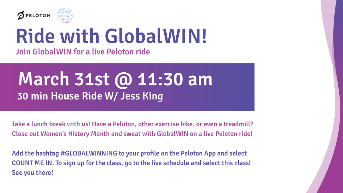_GlobalWIN's tweet photo. TOMORROW: Ride with GlobalWIN! 

Close out #WomensHistoryMonth with a live ride @ 11:30am with @onepeloton and @jesskingnyc! https://t.co/0NuLREMYkI