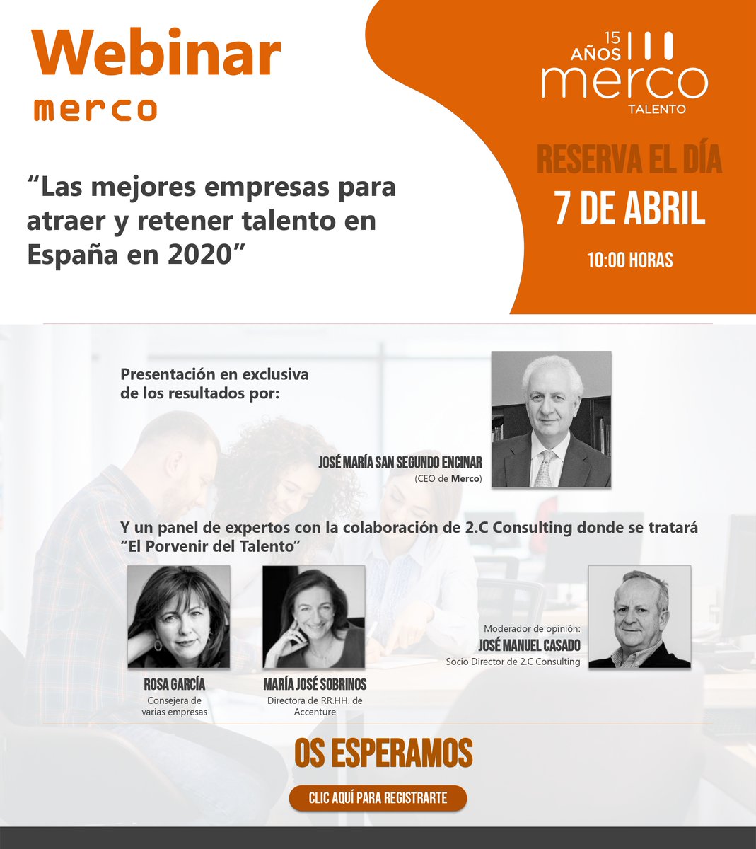 El próximo 7 de abril tendrá lugar la presentación de “Las mejores empresas para atraer y retener talento en España en 2020. Y panel de expertos, con la colaboración de 
<a href="/2_CConsulting/">@2.C Consulting</a>

🟠Hora: 10:00 horas A.M.
🟠Link de registro: zoom.us/webinar/regist…