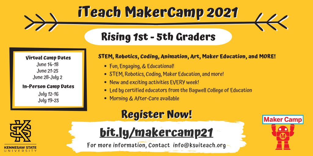 ksuiteach's tweet image. Get ready, get set, CONSTRUCT 🔨! We are so excited to bring you both virtual and F2F MakerCamps for elementary BUILDERS this summer!  Sign Up fo#iTeachMakerCamp:  l8r.it/FtCi

#summer #camp #educational