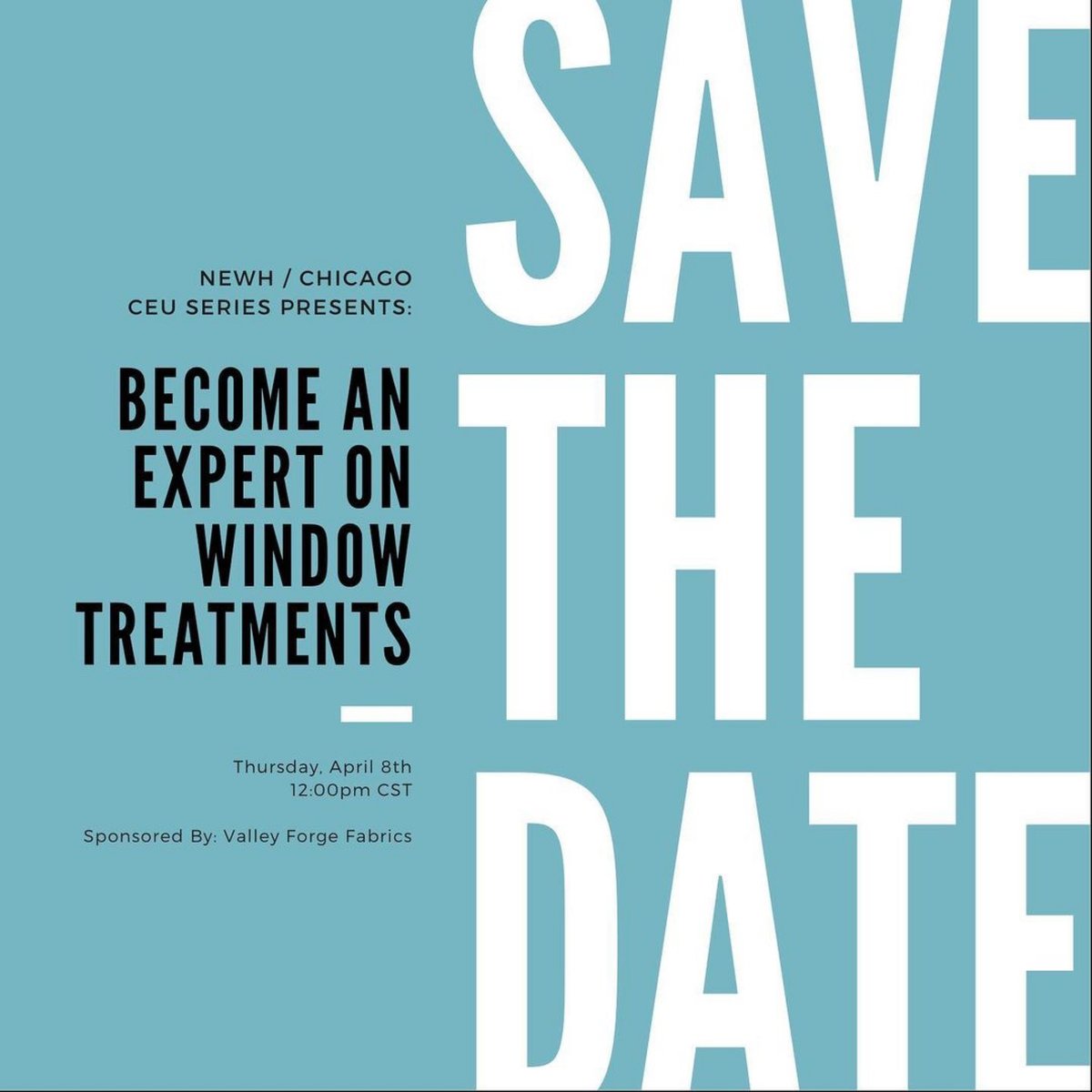 Want to become an expert in window treatments? Now you can with us and NEWH Chicago! Register today at ow.ly/r7b850E9IkN

#welcometothevalley #valleyforgefabrics #CEU #newhchicago