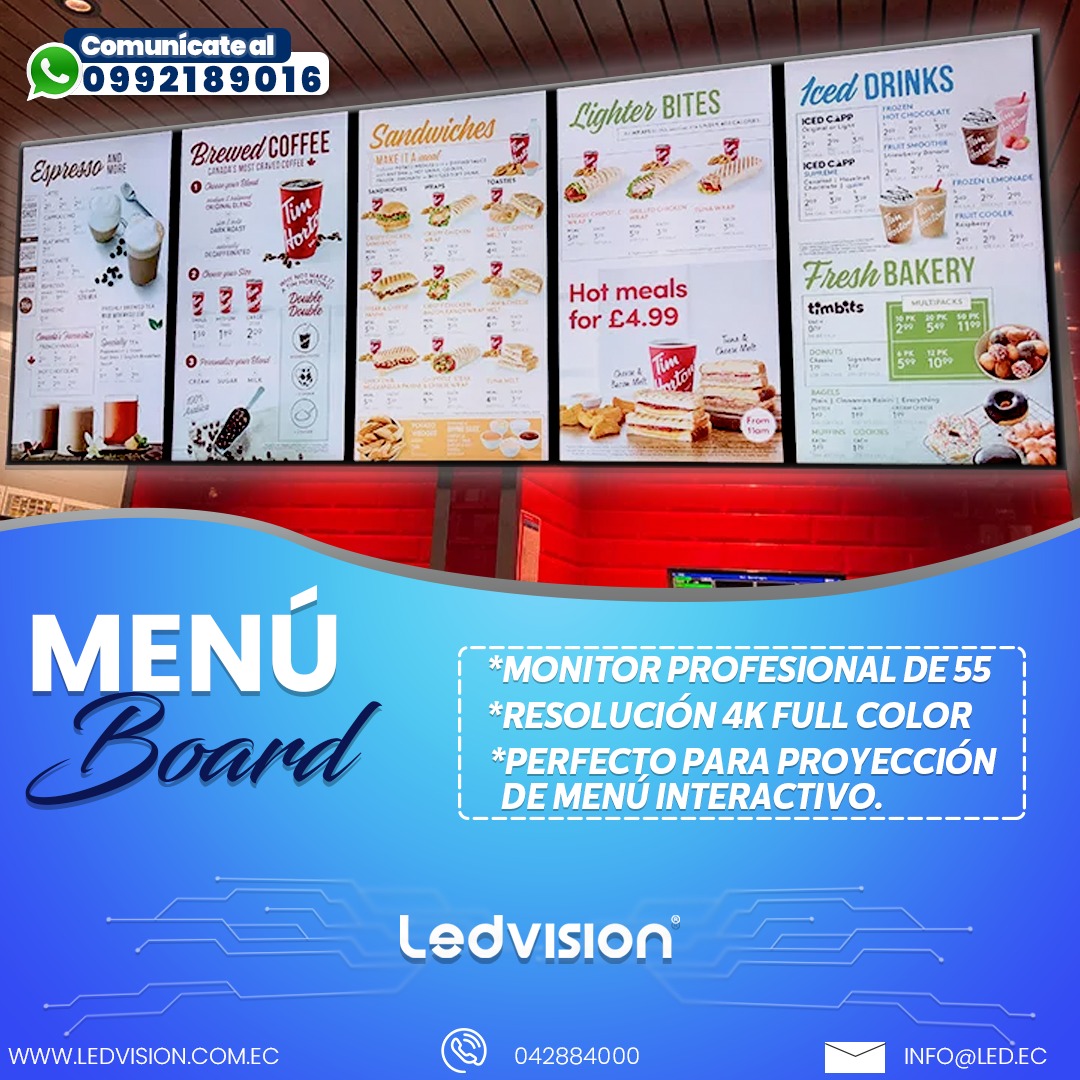 LEDVISION4's tweet image. 📌Capta la atención de tus clientes con los Menuboard, herramienta fácil de usar, podrás proyectar todo el menú, promociones y descuentos de tu restaurante.
👉Contáctanos para asesoría personalizada
☎️04 288 4000 📲 099 218 9016
📩info@led.ec
🌐 ledvision.com.ec