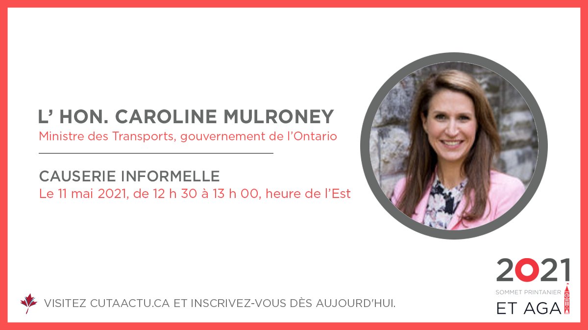 canadiantransit's tweet photo. Ravis d’accueillir la ministre @C_Mulroney au Sommet du printemps et AGA de l’ACTU! Elle a été une fervente partisane du transport collectif en Ontario au coeur - et à l’extérieur - de cette pandémie. #SommetACTU2021 #TranspCollCan #polon Inscrivez-vous: https://t.co/YvEL6w4Nbh https://t.co/NPTFS9WrjQ