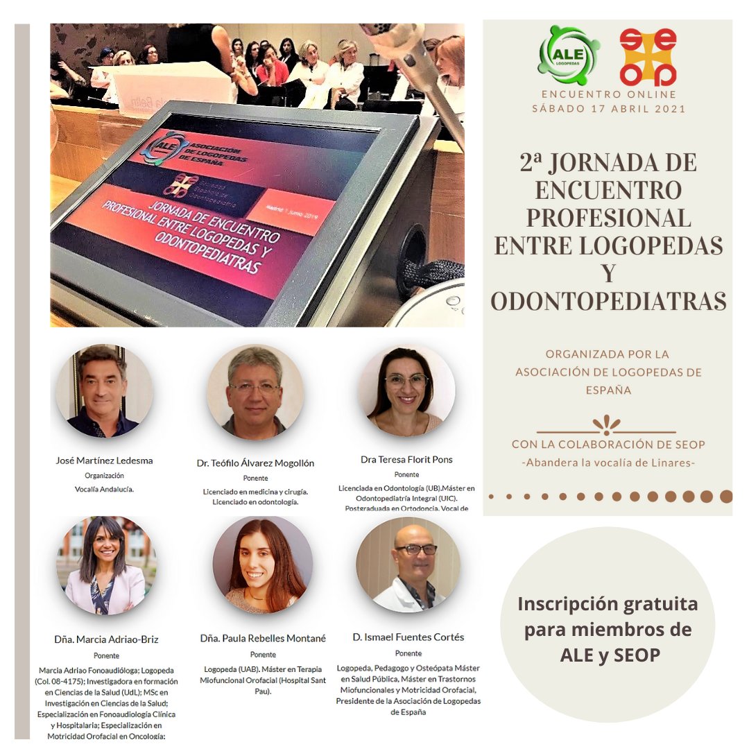 ALElogopedas's tweet photo. “Segunda jornada de encuentro profesional entre logopedas y odontopediatras”. 
Ya puedes inscribirte en esta cita ONLINE. 
Si eres miembro de la ALE o de la SEOP tu inscripción en la jornada es GRATUITA. 
https://t.co/AJjNLp4eyA
#Logopedia #Odontopediatría #Jornada #ALE https://t.co/KZU7kOqbPG