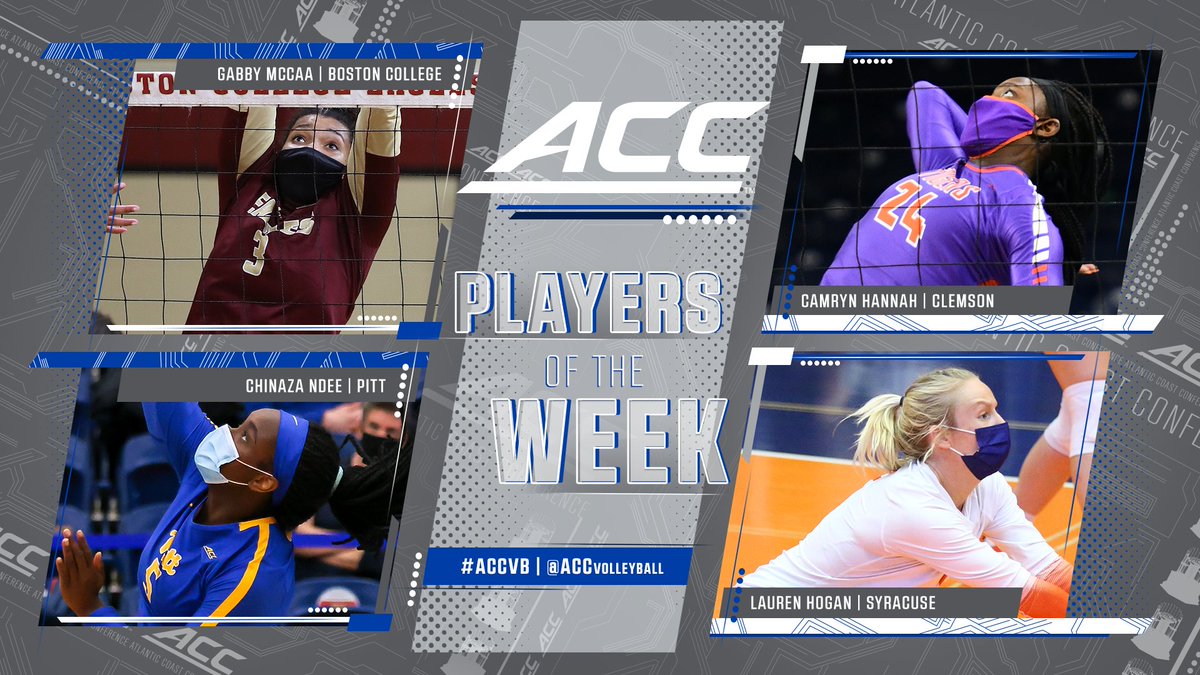 ACCVolleyball's tweet photo. Congrats to the season's penultimate #ACCVB weekly honorees!

🏐Co-Player – Gabby McCaa, So., MB, @BC_Volleyball
🏐Co-Player – Chinaza Ndee , Sr., RS, @Pitt_VB
🏐Co-Freshman – Camryn Hannah, OH, @ClemsonVB
🏐Co-Freshman – Lauren Hogan, DS, @CuseVB

Read - https://t.co/9evTyITSyt https://t.co/6LJtYhAErE