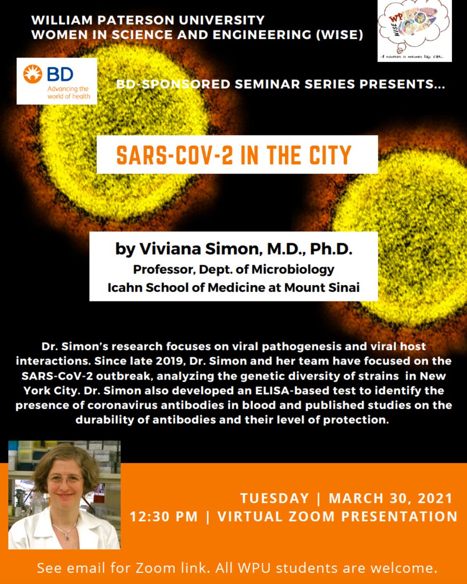 WPWomensCenter's tweet photo. The spring 2021 WISE Lecture series begins today!

Join us at 12:30pm today, where we will meet Dr. Viviana Simon, a professor at the Icahn School of Medicine, who has focused her research on SARS-CoV-2 within the past year.

Connect with us at: https://t.co/Wu4wGzof4J https://t.co/qFLZIP7dN8