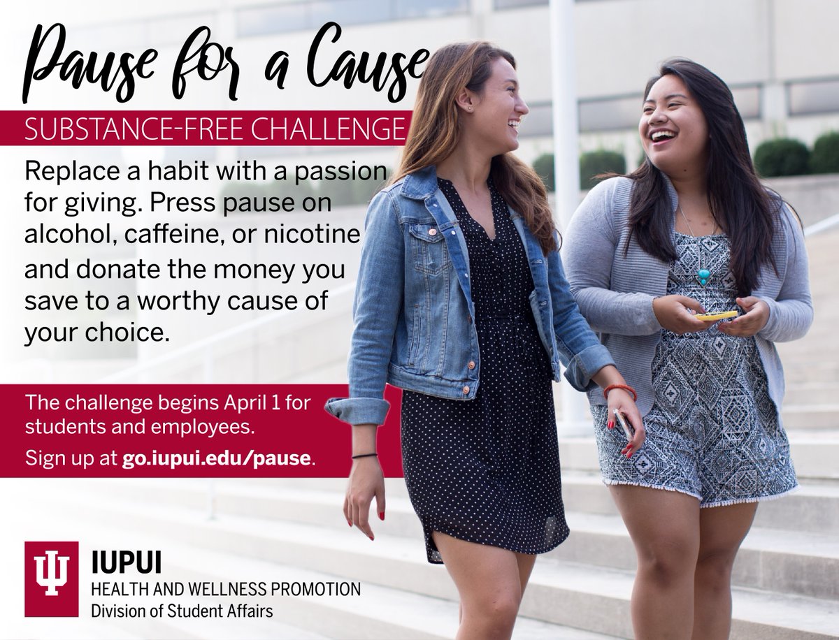 IUPUIwellness's tweet photo. Join us for our next Wellness Wednesday live session! We will be talking about our Pause for a Cause Substance Free Challenge. #JagWELL #PauseforaCause #iupui https://t.co/VqjlYd8aPq