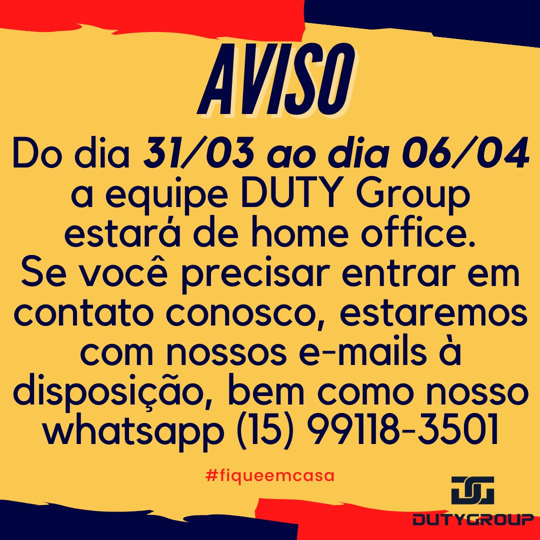 Duty_Group's tweet photo. AVISO IMPORTANTE PARA NOSSOS CLIENTES, AMIGOS E PARCEIROS!

Nós da equipe DUTY Group estamos torcendo para que tudo se resolva logo.

#fiqueemcasa #stayhome #staysafe #dutygroup https://t.co/D95TfZsxmp