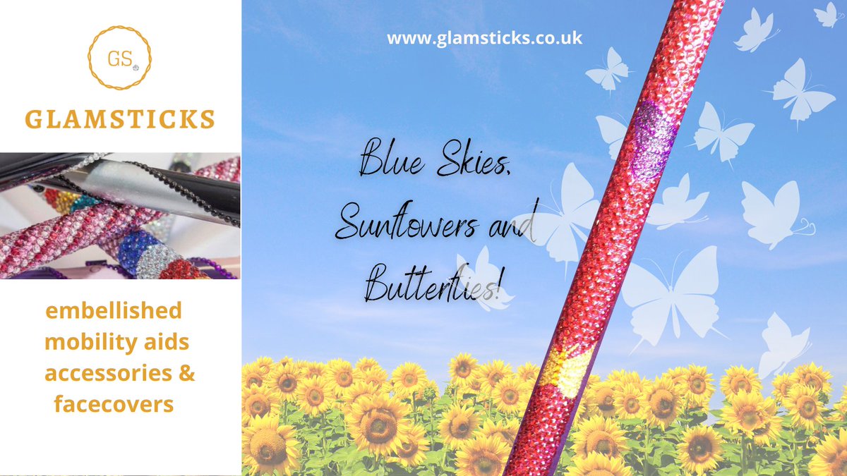 Glamsticks's tweet photo. Blue skies, #sunflowers & #butterflies! What's not to like? From our #Glamsticks designer & bespoke collection #WheelchairCovers #crutches #canes #VisualAids #MobilityAids #CareHomes #elderly #wedding #engagement #swarovski Just like our #glitterwings: https://t.co/8xarvRxyXL https://t.co/8l5M8YLbSb