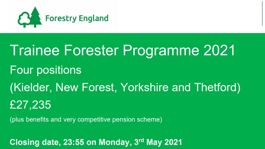 🌲 Job Alert 🌲

The Forestry Commission are looking for 4 x trainee foresters as part of the Forester Development Programme, supporting the future management of the nation’s forest.

Entries close 🗓️ Mon 3rd May

To apply or find out more, click below 🔽
bit.ly/3rzacjN