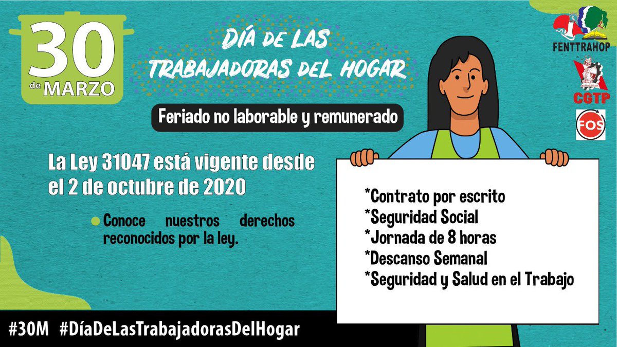 👉 #30M #DíaDeLasTrabajadorasDelHogar #Ley31047  <a href="/fenttrahop/">FENTTRAHOP Federación Trabajadoras del Hogar Perú</a> <a href="/MTPE_Peru/">Ministerio de Trabajo y Promoción del Empleo</a> <a href="/pcmperu/">Consejo de Ministros</a> <a href="/FSagasti/">Francisco Sagasti</a>