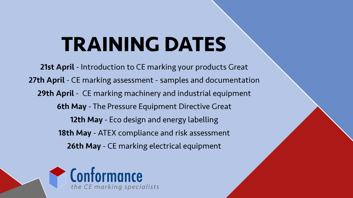 ConformanceLtd's tweet photo. Our next season of scheduled training begins on the 21st of April with Introduction to CE Marking. See below for further dates, click on the link to learn more.
https://t.co/7Z8xRjtdOy
#compliance #training #manufacturing #healthandsafety https://t.co/AEwdsWVBZY