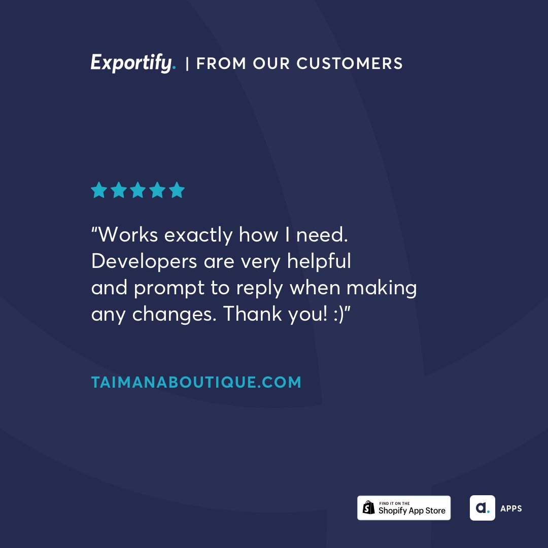 AbleSense's tweet photo. We always ❤️ to hear what our customers think about #Exportify, whether it be suggestions for future dev or just ⭐⭐⭐⭐⭐ and some happy words of praise!
Thanks to Taimana Boutique (they're on Instagram!) for this review!
https://t.co/sHQzRYOLjq
#shopifyapp #appreview https://t.co/4YCVruHGkf