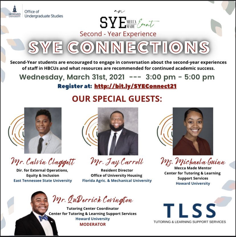 HU_OUS's tweet photo. Join us tomorrow at 3pm for our SYE Connections event! We will have guests from East Tennessee State University, FAMU, and Howard to discuss their second year experiences and resources used to cultivate academic success. Be sure to register at https://t.co/4jVASHhNxP! https://t.co/RNW58ZKr9S