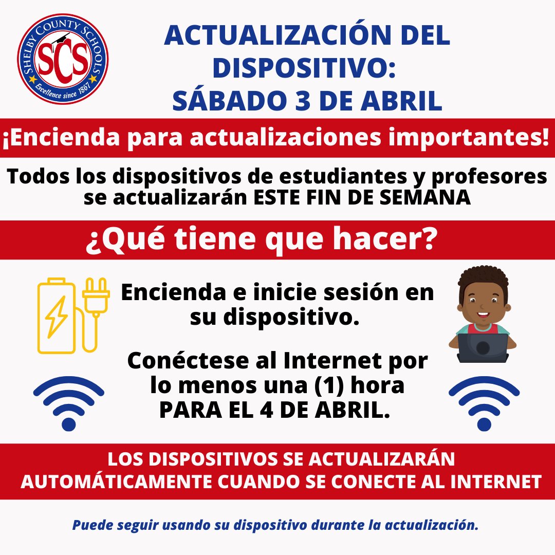 MSCSK12's tweet photo. Device Update: Saturday, April 3
All Student, Teacher, and Administrator devices will be updated this weekend. Make sure you power on &amp; log into your device and connect to the internet for at least one (1) hour by tomorrow, April 4. https://t.co/pVtljpfCp4