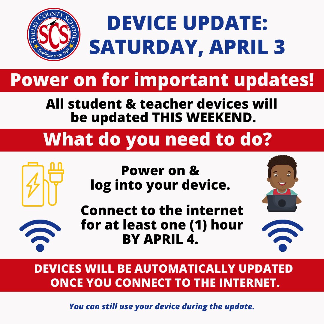 MSCSK12's tweet photo. Device Update: Saturday, April 3
All Student, Teacher, and Administrator devices will be updated this weekend. Make sure you power on &amp; log into your device and connect to the internet for at least one (1) hour by tomorrow, April 4. https://t.co/pVtljpfCp4
