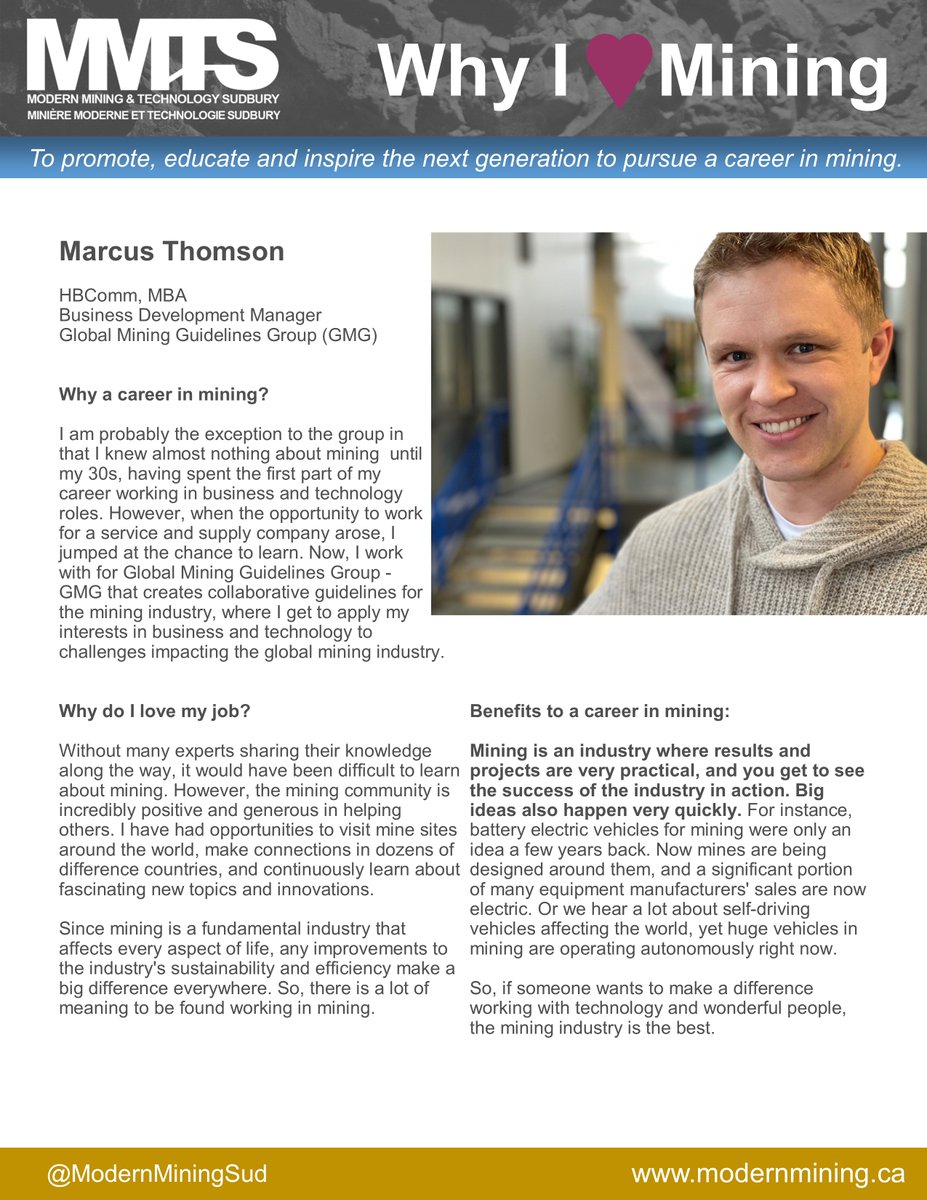 MMTS continues to spotlight inspiring mining professionals for 2021. @ModernMiningSud #Thisismining

Meet Marcus Thomson @SmartMining, Business Development Manager, Global Mining Guidelines Group @GMGorg.

@NORCAT @GSM_LU @NorOntExports @Andrea_GMGorg @This_Is_Mining @CEMI_mining