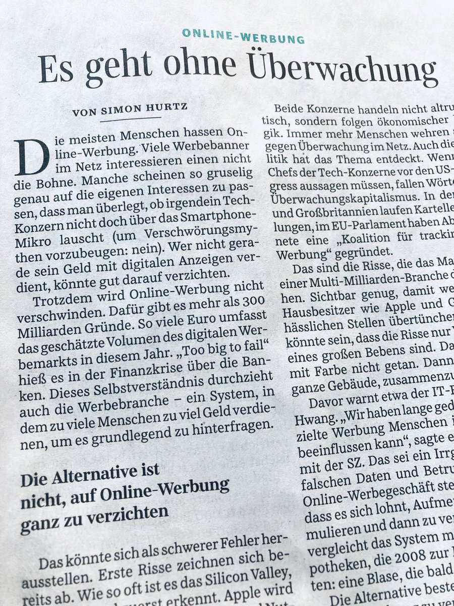 heinz_alt's tweet photo. Die Alternative von Online-Werbung besteht nicht darin auf Online-Werbung zu verzichten, sondern keine personenbezogenen Daten zu sammeln. Interessante Perspektive die @SimonHurtz im heutigen Wirtschaftsteil der @SZ aufzeigt. #Überwachung #Cookies #Bannering https://t.co/lAGCcwQXSr