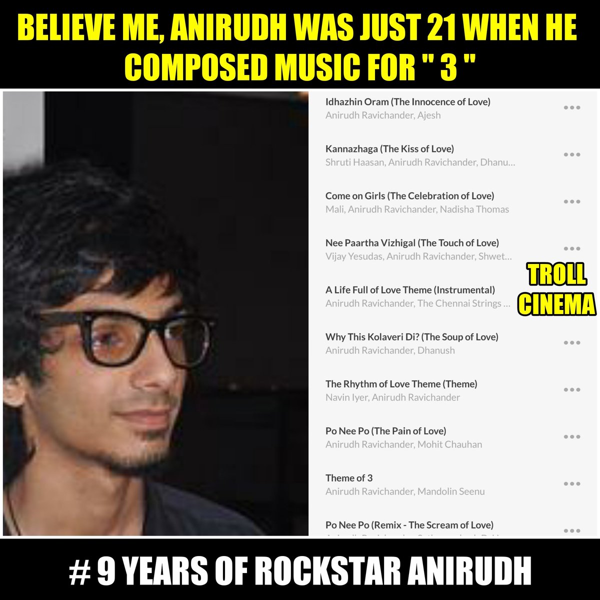 Subin99822559's tweet photo. #9YearsOfAnirudh @anirudhofficial #Rockstar #ani #AnirudhRavichander #anirudh #9YearsOfMoonu #9yearsof3 #bgmmaster https://t.co/EoBhFZw3bw