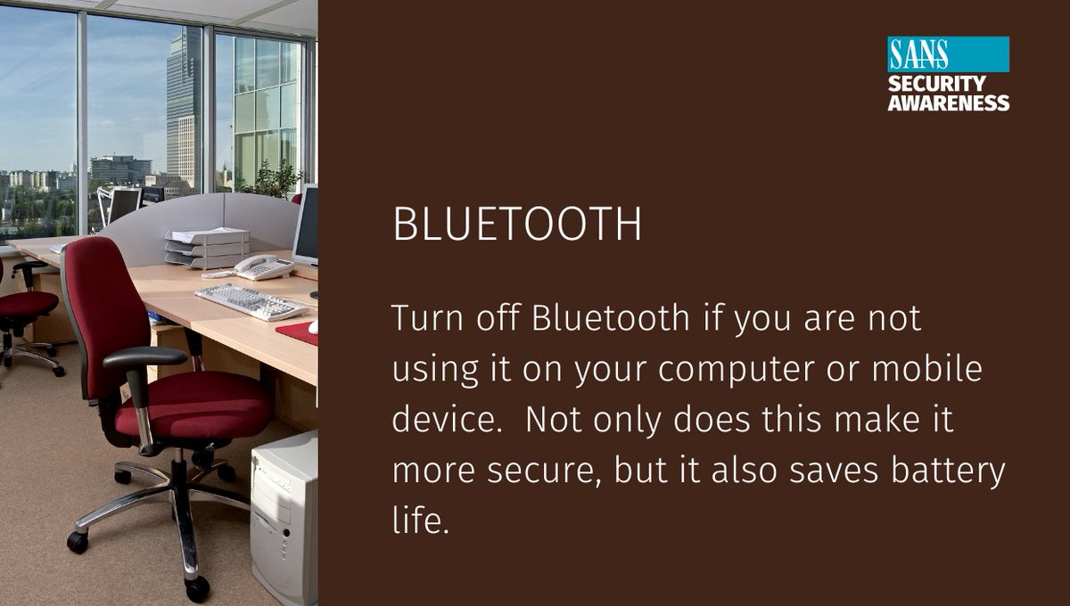 secleadership's tweet photo. #SANSTip: if you're not using Bluetooth on your phone or computer, turn it off. It's more secure AND it saves battery life. It's a win-win!

For more tips like this, check out the @SANSAwareness #OUCH newsletter: https://t.co/5ks8RTzTlY https://t.co/D2z2WuUrd0