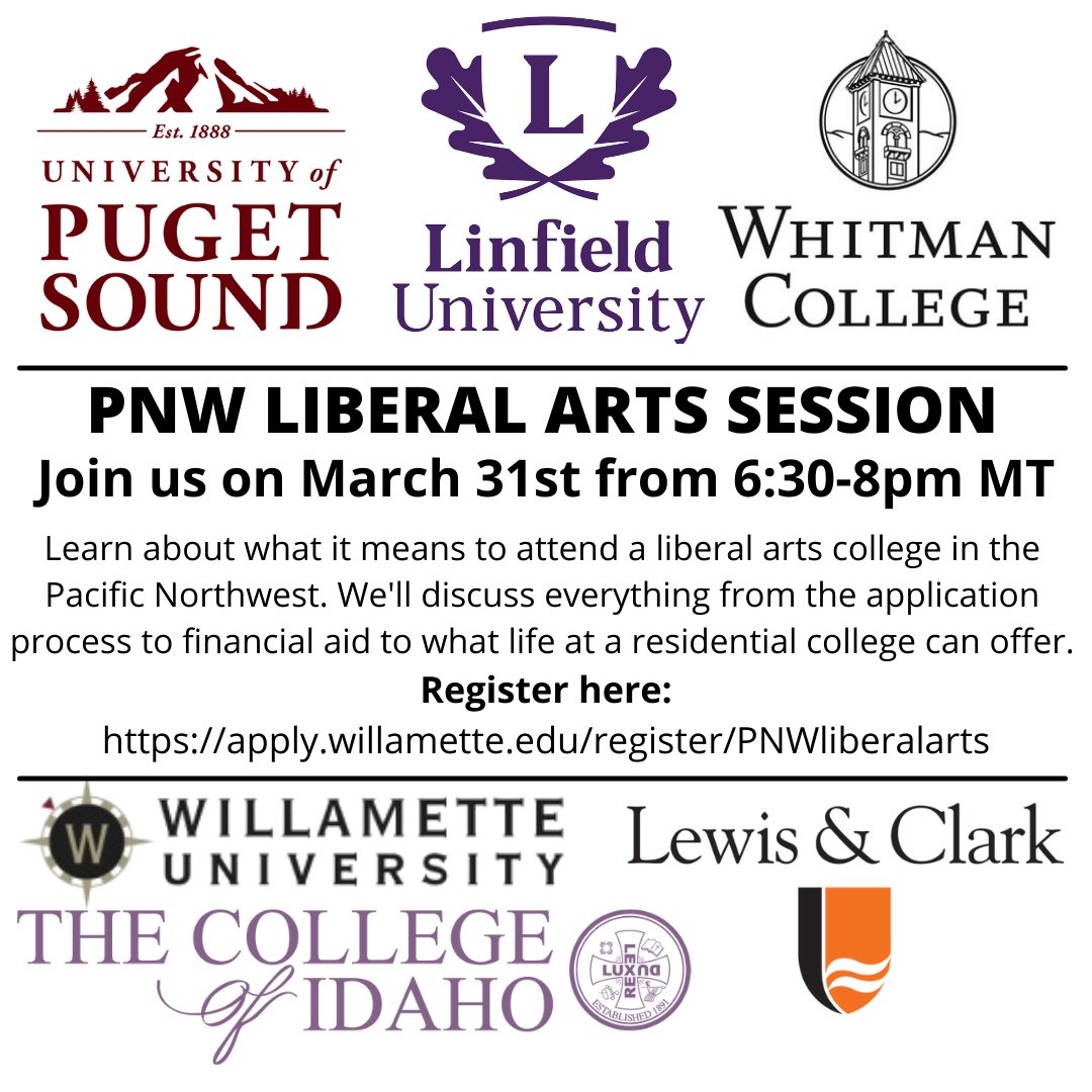BSDCareer's tweet photo. Don't miss out!  
Tomorrow, March 31st from 6:30-8:00 PM, Pacific Northwest Liberal Arts Session.  Join Puget Sound, Linfield, Whitman, Willamette, Lewis &amp; Clark, &amp; College of Idaho for this special event.
Register at 
https://t.co/nIQJtyPGMI https://t.co/cHIVE2bGVo