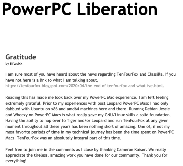 mpc7500v2's tweet photo. Gratitude
https://t.co/MWsDdupyON
#PowerPC #PPC750 #MPC7400 #PPC970 #TenFourFox #Firefox #Classilla #CameronKaiser https://t.co/kRRXGwUrHt