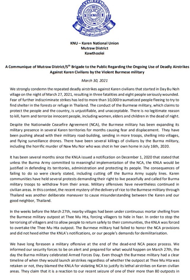 MayWongST's tweet photo. #Myanmar's #ethnic #Karen armed group @knuhq says Nationwide Ceasefire Agreement is a "dead-end" peace process. Says #military been breaching pact, attacking their territory earlier this month. Left with no option but to "confront" these threats &amp; defend #WhatsHappeningInMyanmar https://t.co/M3Jefn5eVS