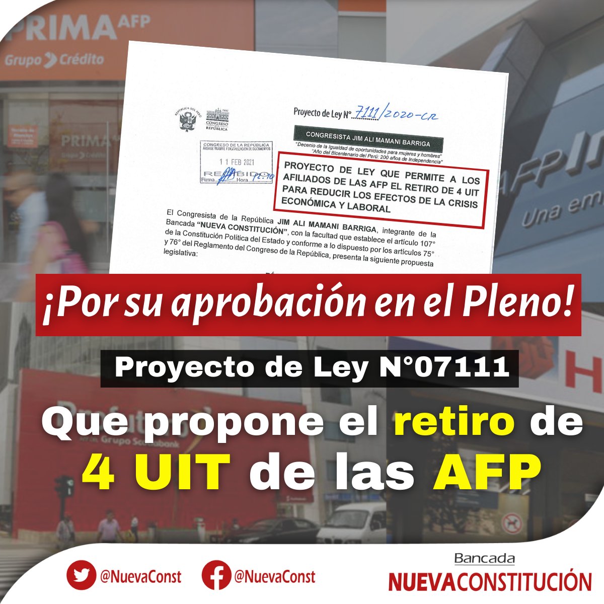 NuevaConst's tweet photo. 🔴Hoy en el pleno del @congresoperu  
¡Por la aprobación del Proyecto de Ley 7111! 
¡Por el retiro de 4 UIT de las AFP!

#AFP4UIT #NuevaConstitución #Ahora https://t.co/BllAB8ETgD