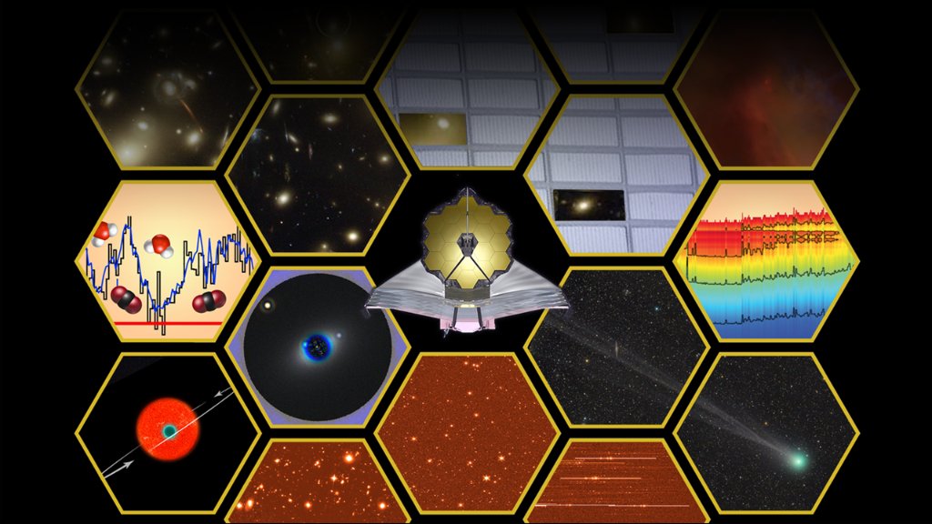This artist’s illustration displays the scientific capabilities of NASA’s James Webb Space Telescope. Webb’s large mirror, near- to mid-infrared sensitivity, and high-resolution imaging and spectroscopic capabilities will allow astronomers to search for the first galaxies, explore the formation of stars, and measure physical and chemical properties of planetary systems, including our own solar system.