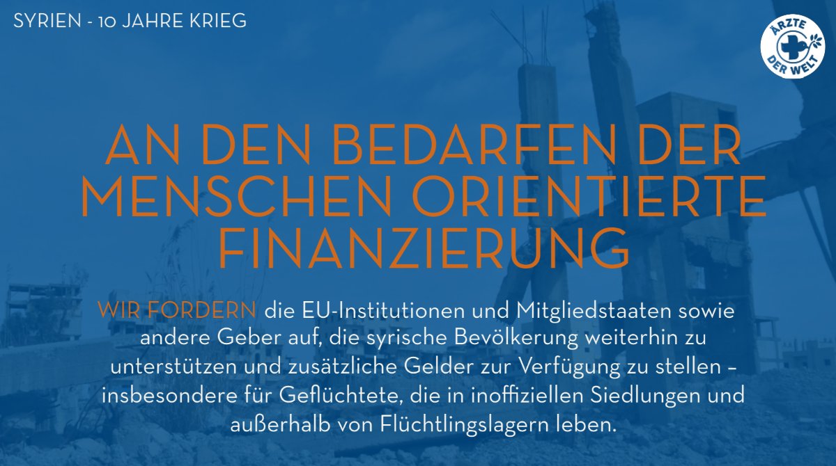 aerztederwelt's tweet photo. Die Zukunft Syriens und der Region steht im Zentrum der internationalen Geberkonferenz, die aktuell in Brüssel stattfindet. Ärzte der Welt stellt folgende Forderungen an die EU und die internationale Gemeinschaft (1/5)
© Médicos del Mundo
#WithSyria #NotAtarget #10yearstoomany https://t.co/GK8LPbRJgl