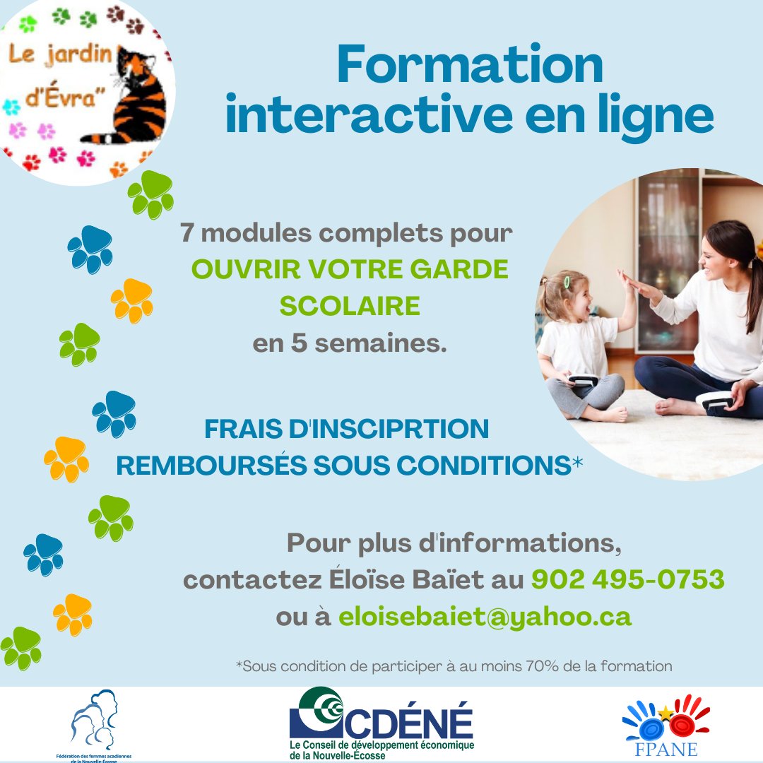 #FormationGardeScolaireALaMaison

Il reste encore des places 😊

✍️ Les inscriptions sont ouvertes ! 

La nouvelle session commence le 6 avril prochain. En partenariat avec <a href="/leCDENE/">CDÉNÉ</a> , la <a href="/FFANE_/">Fédération des femmes acadiennes de la N-É</a> et <a href="/DesAcadiens/">Fédération des parents acadiens de la NÉ</a> 

✉️ eloisebaiet@yahoo.ca
📞 902 495-0753