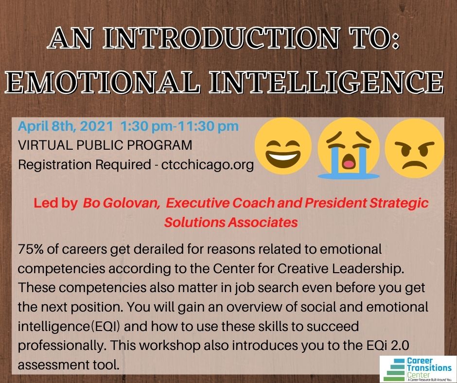 What makes Emotional Intelligence (EQI) so important? How can you develop your skill with EQI? Learn how to incorporate emotional intelligence concepts into your career/job search and career goals.  
Register here: ow.ly/A4Pc50E7Xei