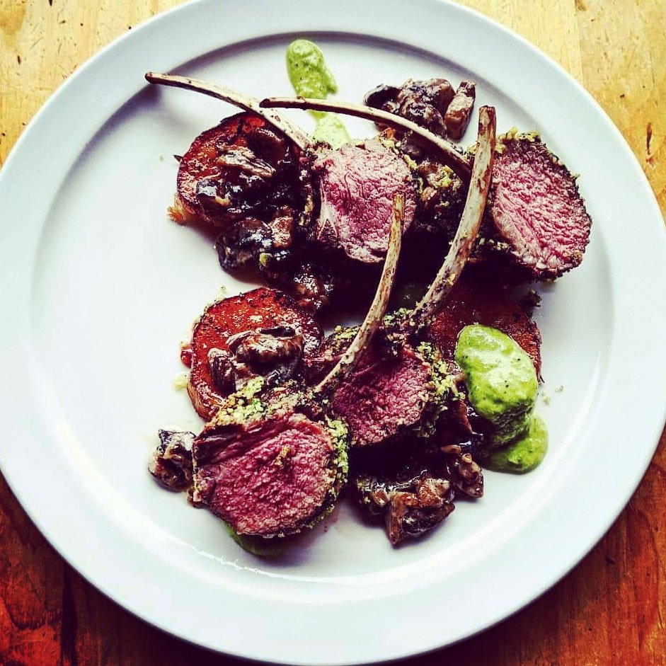 TwinLakesInn's tweet photo. We're serving our full food &amp; drink menu Thurs-Sat (1-7) and Sun brunch (8:30-2) plus this special:  Lamb seared with butter and garlic, then crusted and roasted with a blend of mint, parsley, parm' and panko. Add pommes fondant &amp; a 'shroom ragout + drizzle scallion oil. $31. https://t.co/FV4SwXxKcn