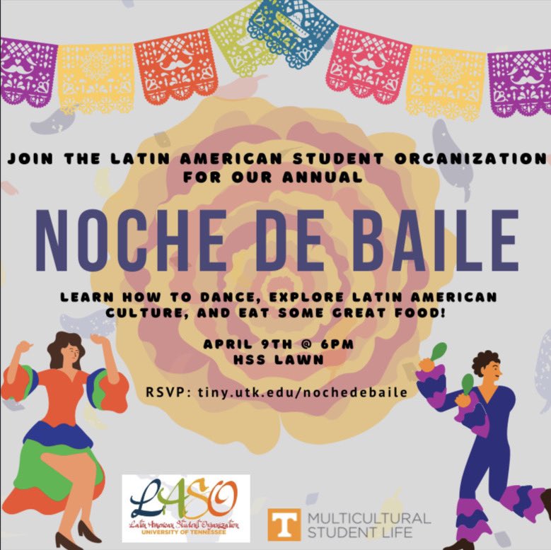 Hola, hola! Next Friday we’ll be having our annual Noche De Baile 💃🏻 Come out for good food &amp; dancing! Masks &amp; social distancing required 🧡✨ RSVP: tiny.utk.edu/nochedebaile