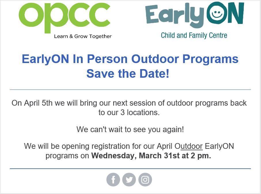 <a href="/OPCC/">Oak Parent-Child Ctr</a> is planning for more FREE IN PERSON outdoor programs starting April 5th! Yay! Register here starting Wednesday March 31st at 2:00: opcc.tfaforms.net/4875050. ^tk <a href="/OakvilleLibrary/">Oakville Library</a> <a href="/townofoakville/">Town of Oakville</a> <a href="/HaltonDSB/">HDSB</a> <a href="/HCDSB/">Halton Catholic DSB</a>