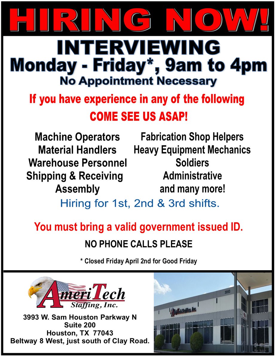 AmeriTech_Staff's tweet photo. We are hiring NOW!  Interview today - no appointment necessary.  #houstonjobs #jobsinhouston #houstonemployment #hiringnow #newjob https://t.co/eu3lc5ygNX